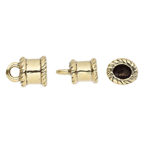 Cord end, antique gold-plated pewter (tin-based alloy), 9x8mm oval, 5x4mm inside diameter. Sold per pkg of 2. image number 0
