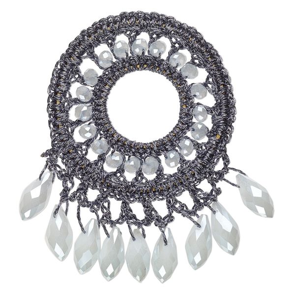Focal, glass / nylon / steel, dark grey, 58x56mm-64x62mm open round with fringe. Sold individually. image number 0