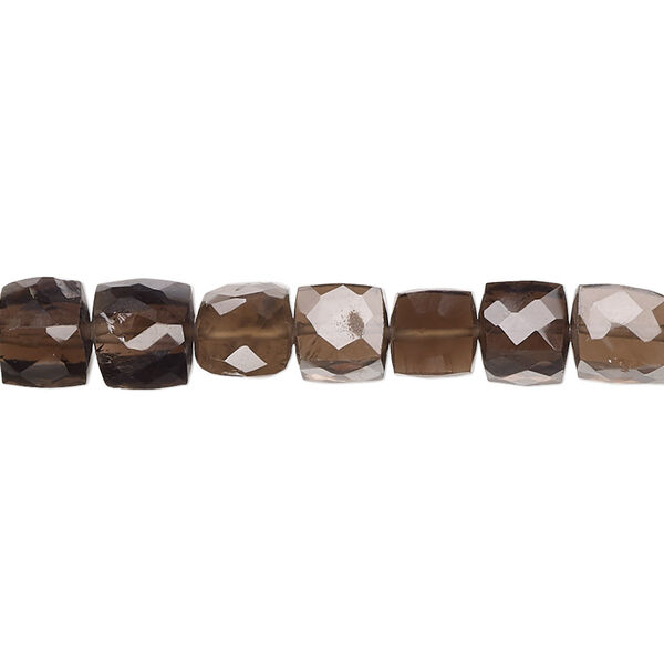 Bead, smoky quartz (heated / irradiated), 5-6mm hand-cut faceted cube with 0.4-1.4mm hole, B+ grade, Mohs hardness 7. Sold per 10-inch strand, approximately 40 beads. image number 0