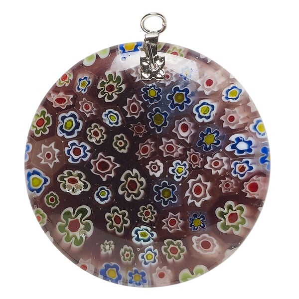 Focal, millefiori glass and silver-finished steel 1pkg1, translucent purple and multicolored, 39-40mm puffed flat round image number 0