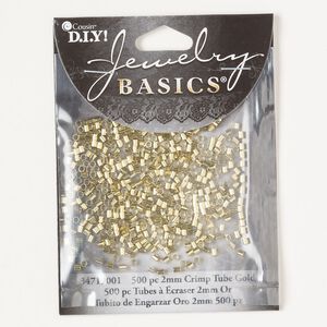 Crimp, brass, pkg/500, 2mm tube with 1.3mm inner diameter, gold finish.