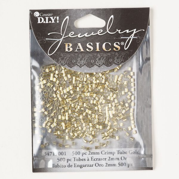 Crimp, brass, pkg/500, 2mm tube with 1.3mm inner diameter, gold finish. image number 0