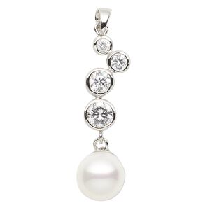 Pendant, glass pearl / cubic zirconia / rhodium-plated brass, white and clear, 36x10mm. Sold individually.