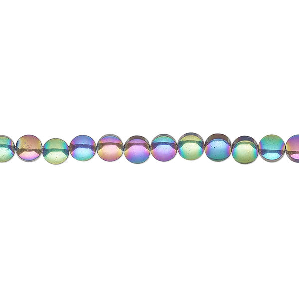 Bead, Hemalyke™ (manmade), rainbow, 4mm flat round. Sold per 16-inch strand. image number 0