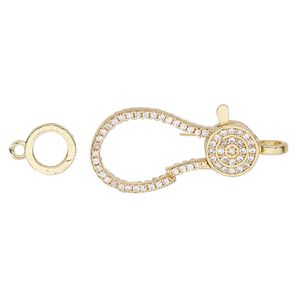 Clasp lobster claw 1pkg1, 24.5x12.5mm double-sided, gold-finished brass / cubic zirconia clear 1-strand