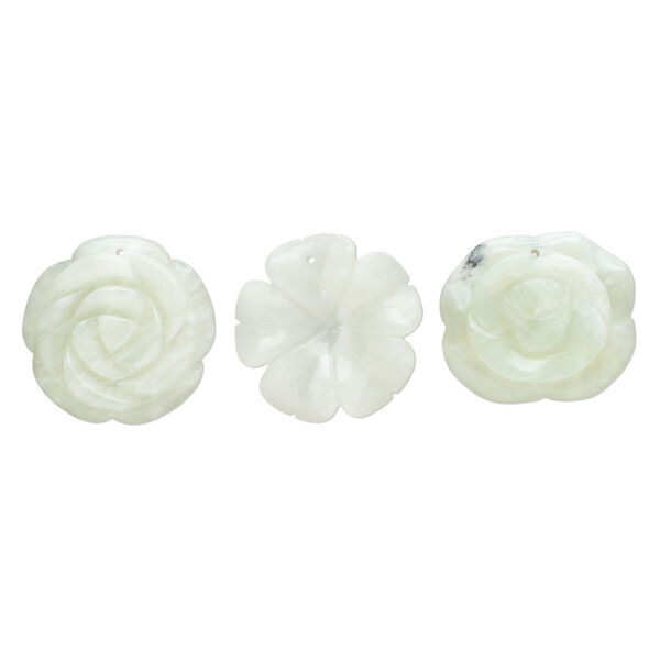 Sea green new "jade" 1pkg3, top-drilled carved flower focal natural B grade, mix 40x32mm-42x40mm image number 0