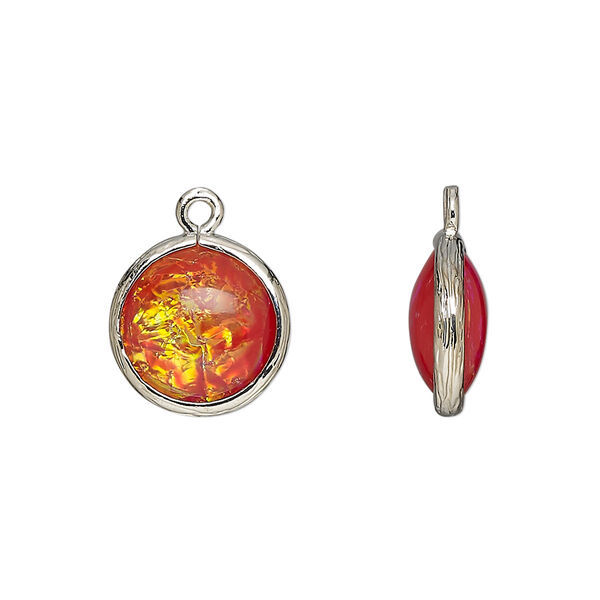 Drop, Opalized Ice™, "opal" (resin) and imitation rhodium-finished brass, opaque orange, 14mm double-sided round. Sold per pkg of 4. image number 0