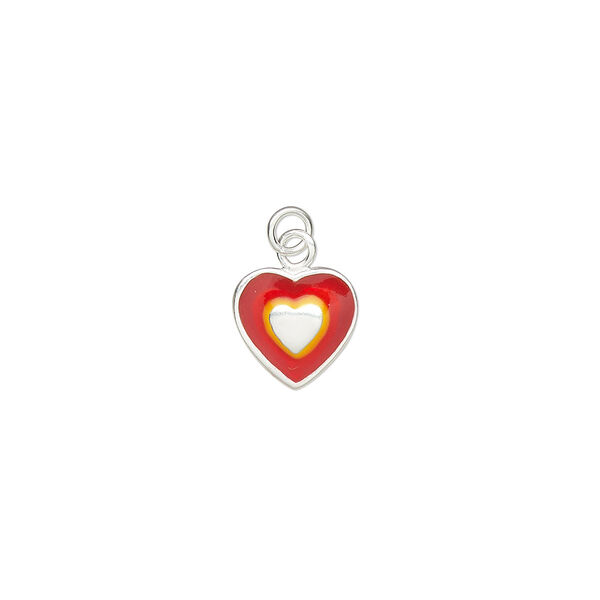 Charm, enamel and sterling silver, red and yellow, 8mm single-sided heart with 3mm closed jump ring. Sold individually. image number 0