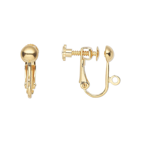 Earring, clip-on, gold-plated brass, 15mm hinged screwback with 5mm half ball and open loop. Sold per pkg of 50 pairs. image number 0