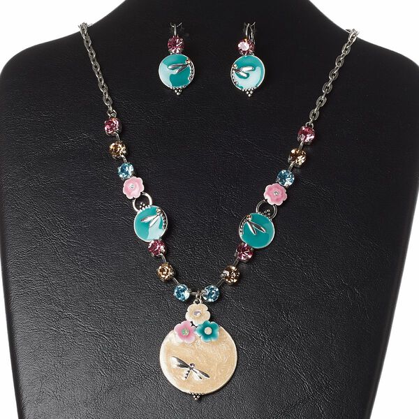 Necklace and earring set, glass rhinestone / enamel / silver-finished steel and brass / antique silver-finished "pewter" (zinc-based alloy), multicolored, 48x38mm with dragonfly, 20 inches with 3-inch extender chain and lobster claw clasp, 1-1/2 inch earrings with leverback ear wire. Sold per set. image number 0