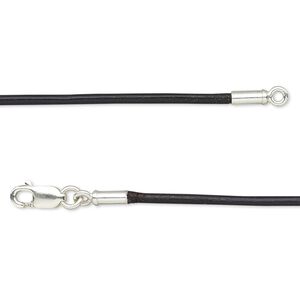 Necklace cord, Ellada Leather™, Greek leather (dyed) and sterling silver, black, 1.5mm round, 16 inches with lobster claw clasp. Sold individually.