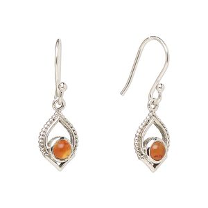 Earring, Create Compliments®, antiqued sterling silver and carnelian (dyed/heated), fishhook, 28mm with 13.5x9mm single-sided marquise, 21 gauge. Sold per pair.