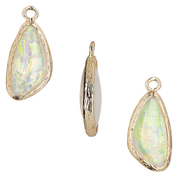 Drop, Opalized Ice™, "opal" (resin) and gold-finished brass, white, 19.5x11mm double-sided wing. Sold per pkg of 4. image number 0