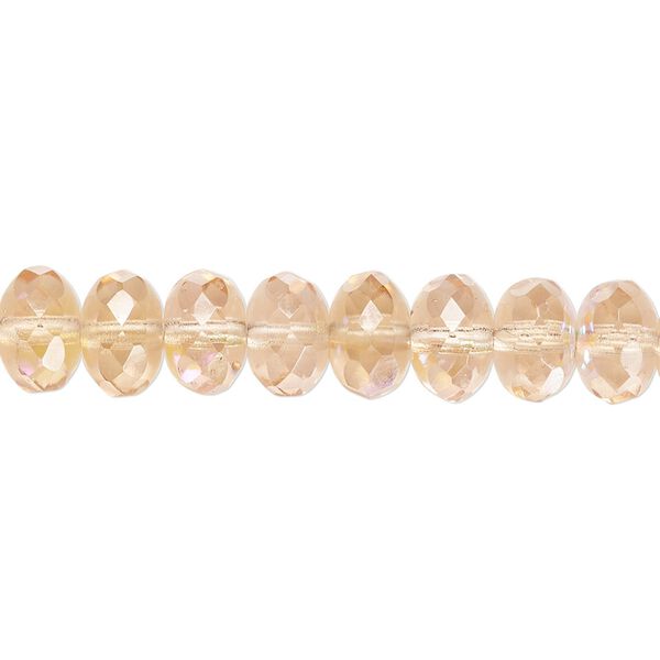 Bead, Czech fire-polished glass, transparent light rose AB, 9x5mm faceted rondelle. Sold per 15-1/2" to 16" strand. image number 0