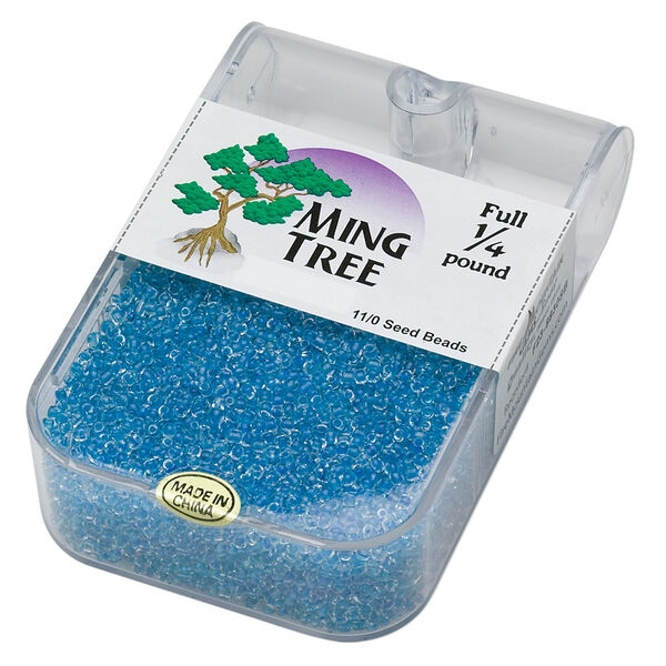 Seed bead, Ming Tree™, glass, pkg/1/4 pound, #11 round, transparent color-lined sky blue. image number 0