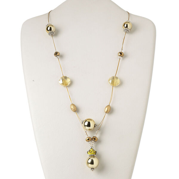 Necklace, silver- and gold-coated plastic / glass / silver- and gold-finished steel / acrylic, clear / yellow / metallic gold, 20mm round, 19 inches with 2-inch extender chain and lobster claw clasp. Sold individually. image number 0