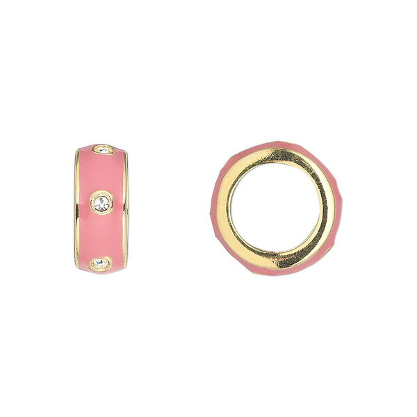 Bead, Dione®, enamel / crystals / gold-finished "pewter" (zinc-based alloy), pink and crystal clear, 14x5.5mm rondelle. Sold individually. image number 0