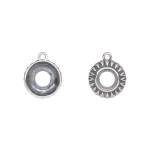 Drop, antiqued sterling silver, 11mm round with 6mm round setting and open back. Sold individually.