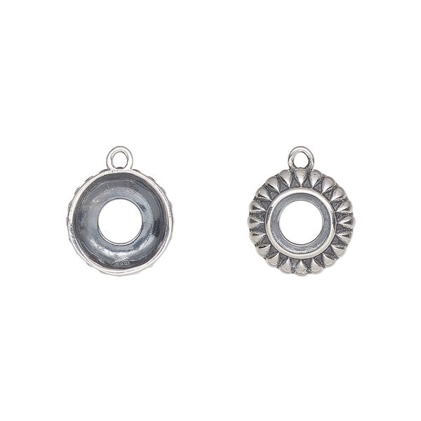 Drop, antiqued sterling silver, 11mm round with 6mm round setting and open back. Sold individually. image number 0