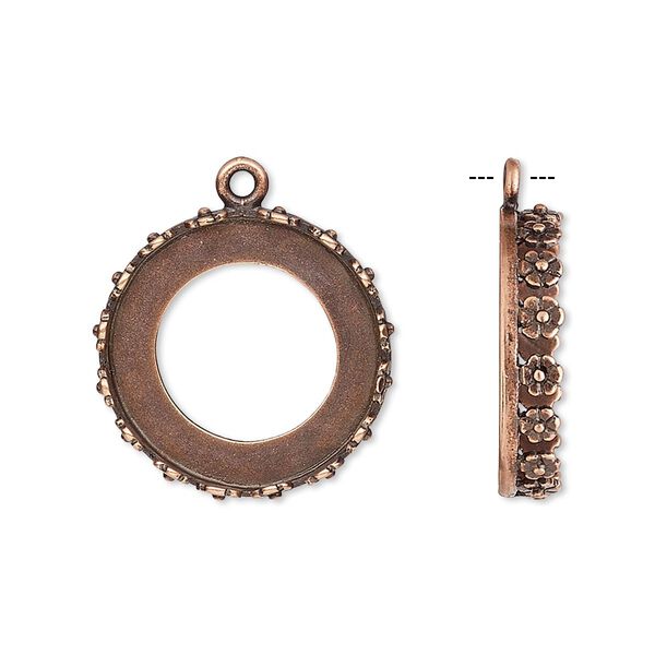 Drop, JBB Findings, antique copper-plated brass, 20mm round with open back and flower design trim, 18mm round bezel setting. Sold per pkg of 2. image number 0