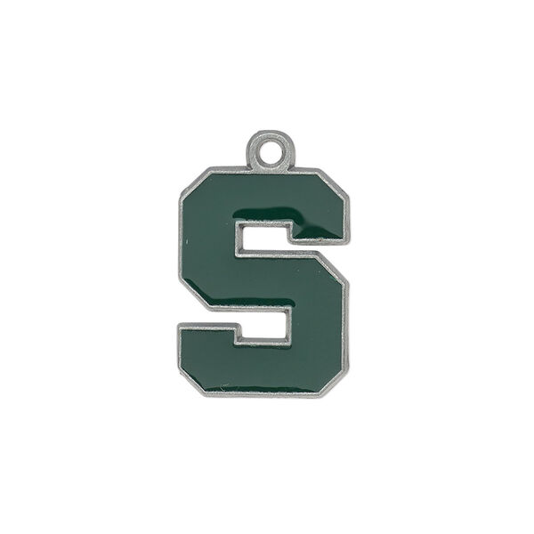 Charm, enamel and "pewter" (zinc-based alloy), green, 19x14mm single-sided Michigan State Spartans. Sold individually. image number 0