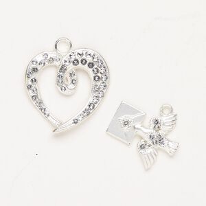 "Pewter" (zinc-based alloy) / acrylic 1pkg2, heart / bird / letter charm assortment matte silver-finished / clear 25x24mm / 21x18mm