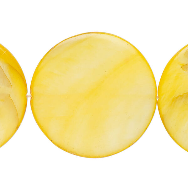 Mother-of-pearl shell 1pkg1, puffed flat round bead 15 inch yellow 29-30mm image number 0