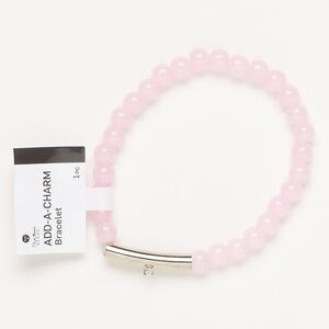 Bracelet, stretch, silver-finished brass and glass, pink, 6mm round and 25x5m round tube with bottom loop, 6-1/2 inches. Sold individually.