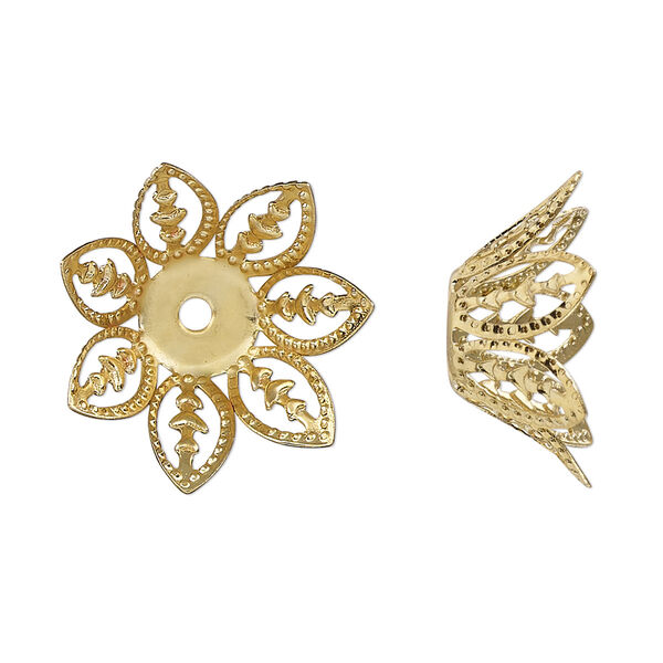 Bead cap, gold-finished steel, 20.5x8mm leaves, fits 14-16mm round bead. Sold per pkg of 20. image number 0