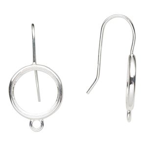 Ear wire, sterling silver, 29mm fishhook with loop and 14mm faceted rivoli glue-in setting with open back, 20 gauge. Sold per pair.