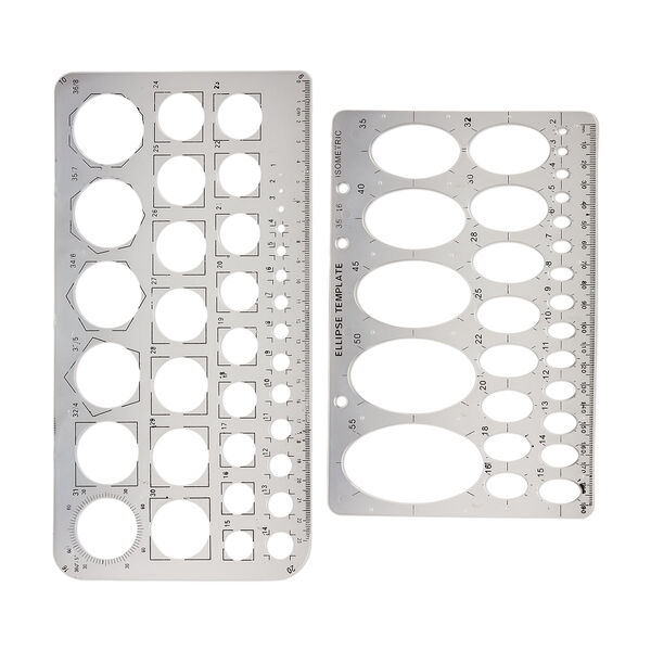 Template, EUROTOOL®, plastic, clear, 10x5 inches with 1-36mm circles and 8x5-1/4 inches with 5x3mm-70x40mm ovals. Sold per 2-piece set. image number 0