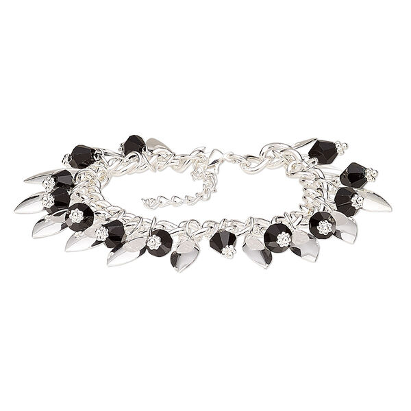Bracelet, glass with silver-plated steel and "pewter" (zinc-based alloy), black, 24mm wide, 7 inches with 1-3/4 inch extender chain and lobster claw clasp. Sold individually. image number 0