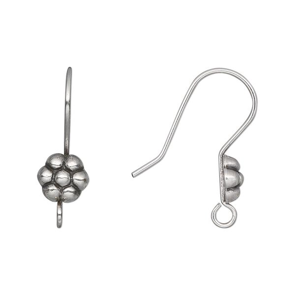 Ear wire fishhook 1pkg2 sterling silver, 24mm flower / open loop, 20 gauge antiqued 1 pair image number 0
