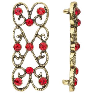 Spacer, antiqued gold-finished "pewter" (zinc-based alloy) and Czech glass rhinestone, light Siam, 39x18mm 2-strand fancy rectangle. Sold per pkg of 4.