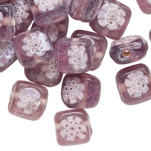 Bead, lampworked glass, translucent purple and white, 11mm puffed square. Sold per pkg of 50.