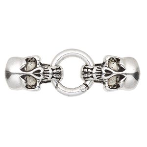 Clasp self-closing hook 1pkg1 "pewter" (zinc alloy), 57x20mm / 20mm jump ring / fits 11x5mm cord, antique silver-finished 1-strand