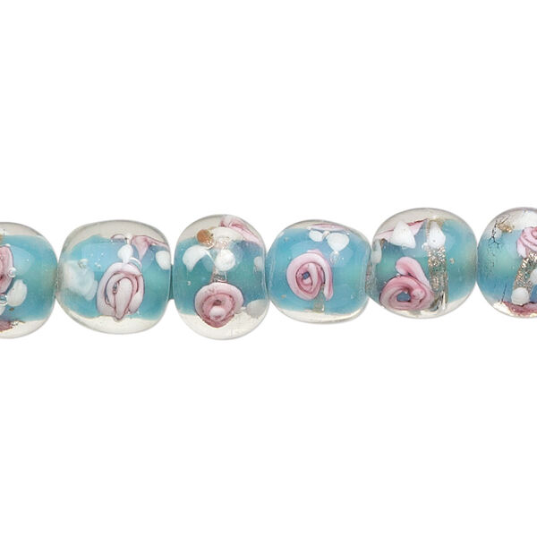 Bead, lampworked glass, opaque sky blue/pink/white with copper-colored glitter, 8-9mm round with roses and dots. Sold per 15" to 16" strand. image number 0