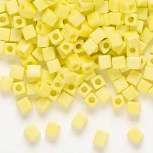 Seed bead, Miyuki, glass, pkg/25g, 3.5-3.7mm square, opaque frosted rainbow yellow (SB-404FR).