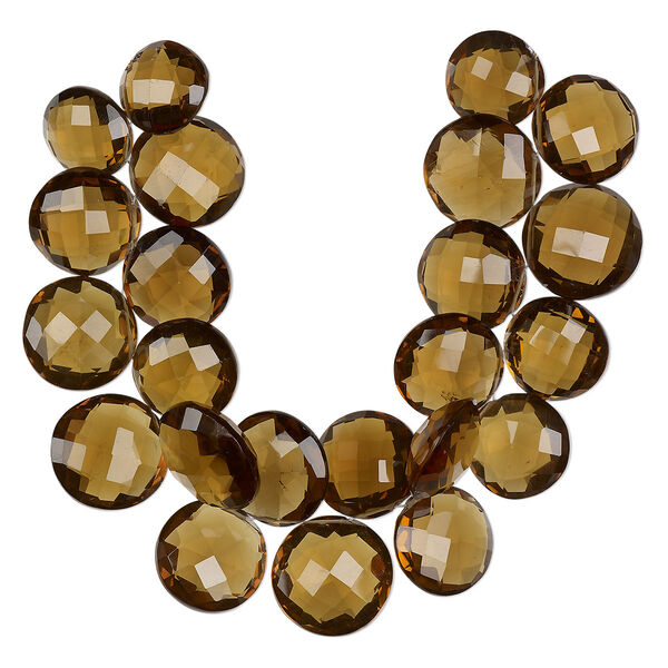 Bead, golden quartz (heated), dark, 15-21mm graduated hand-cut top-drilled faceted puffed flat round, B+ grade, Mohs hardness 7. Sold per 7-inch strand. image number 0