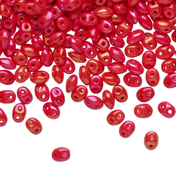 Bead, Preciosa Twin™, Pressed Twin, Czech pressed glass, rainbow red-orange, 5x2.5mm oval with 2 holes. Sold per 10-gram pkg. image number 0