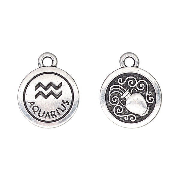 Charm, TierraCast®, antique silver-plated pewter (tin-based alloy), 15mm two-sided flat round with Aquarius zodiac sign and symbol. Sold per pkg of 2. image number 0