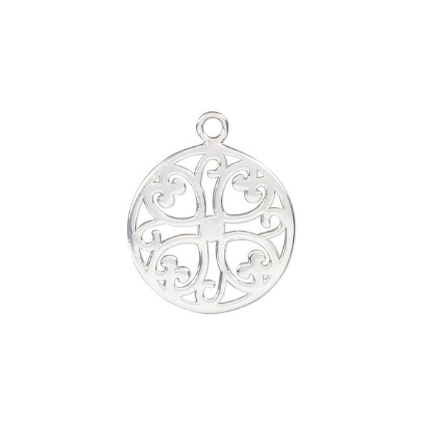 Drop, sterling silver, 17mm double-sided round with cutout hearts. Sold individually. image number 0