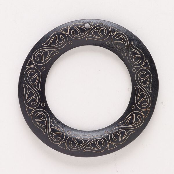 Focal, wood (natural / dyed), black and tan, 58-60mm top-drilled carved round with swirl. Sold individually. image number 0