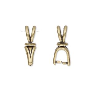 Bail, JBB Findings, ice-pick, antique brass-plated pewter (tin-based alloy), 19x5mm double-sided shield with lines and swivel, 6mm grip length. Sold individually.