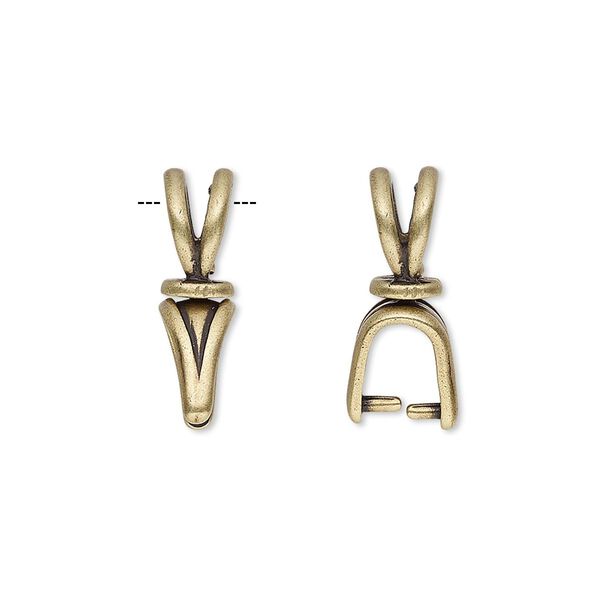 Bail, JBB Findings, ice-pick, antique brass-plated pewter (tin-based alloy), 19x5mm double-sided shield with lines and swivel, 6mm grip length. Sold individually. image number 0