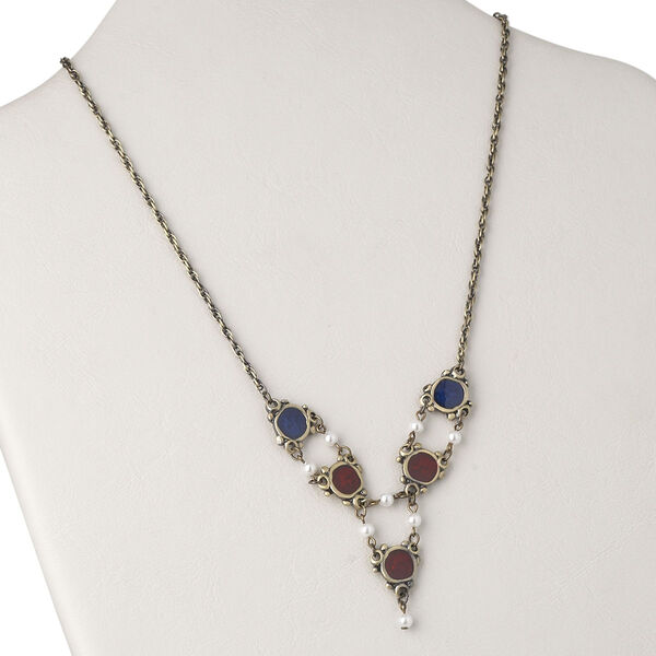 Necklace, acrylic / enamel / antiqued gold-plated brass, dark red / dark blue / white, 18-19 inches with toggle clasp. Sold individually. image number 0