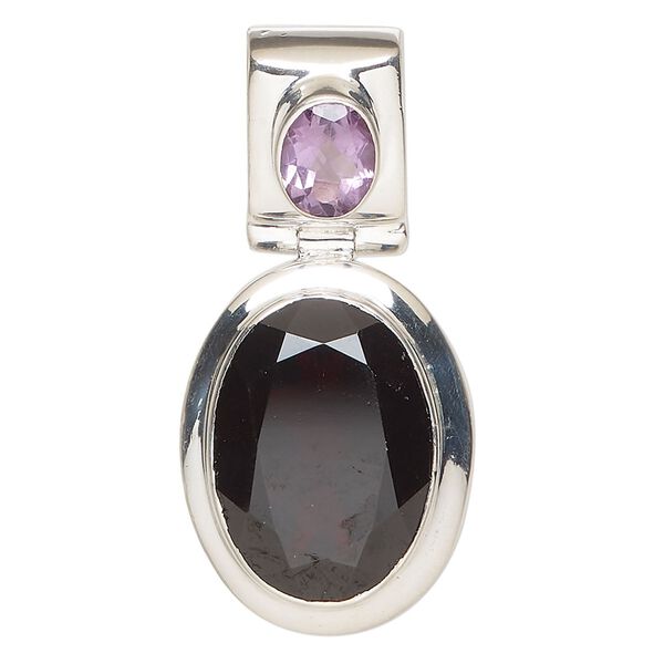 Pendant, garnet (natural) / lavender amethyst (natural) / sterling silver, 45x22mm oval. Sold individually. image number 0