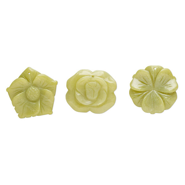 Serpentine 1pkg3, top-drilled carved flower focal natural B grade, mix 40x34mm-41x40mm image number 0