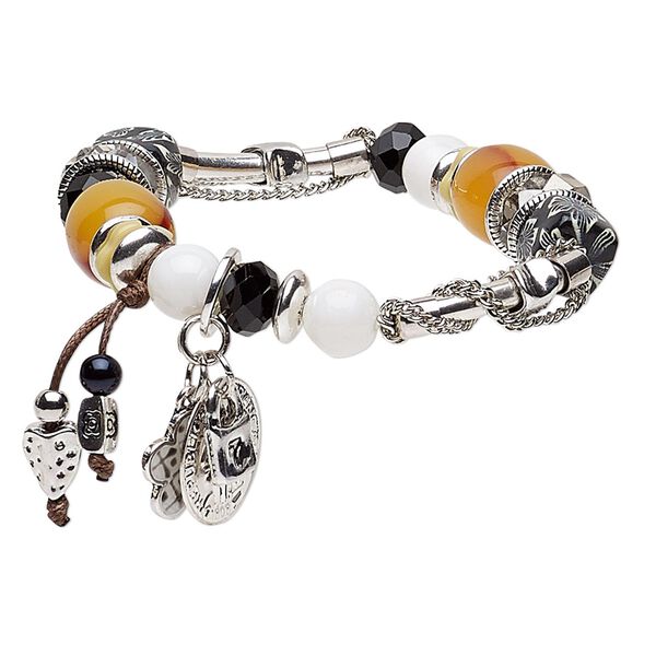 Bracelet, stretch, acrylic / enamel / glass / porcelain / waxed cotton cord / antique silver-coated acrylic / silver- / antique silver-plated brass / steel / "pewter" (zinc-based alloy), multicolored, 14mm wide with 1-3/4 inch dangle, 7-1/2 inches. Sold individually. image number 0
