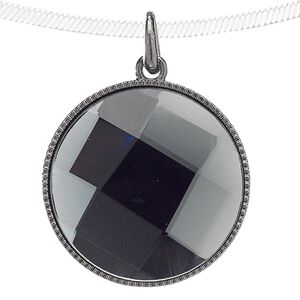 Pendant, glass and gunmetal-finished "pewter" (zinc-based alloy), grey, 38mm flat round. Sold individually.